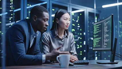 IT specialists work on computer in data center. Man and woman, as a team, collaborate on a project. This team of engineers analyzes code on a screen. Teamwork in server room on a computer. - Powered by Adobe