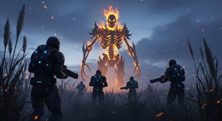 Fototapeta premium Soldiers confront giant fiery skeleton monster