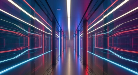 Futuristic Neon Corridor with Reflections