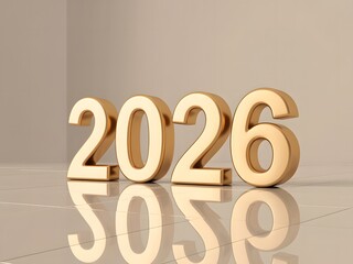 Golden 3d numbers 2026 on reflective surface in a room