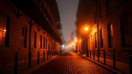 Obraz premium Cobblestone alleyway at night illuminated by warm streetlights creating a moody atmospheric urban scene with brick buildings