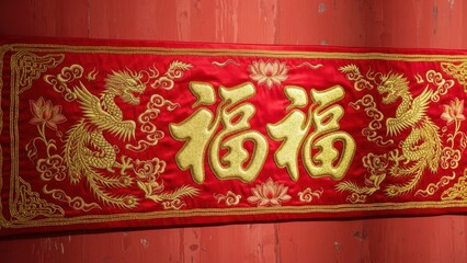 Luxurious Red Silk Banner Embroidered with Golden "Fu" Characters, Lotus Flowers, and Mythical Phoenix Dragons