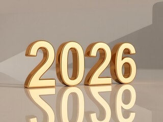 Golden 3d numbers 2026 on reflective surface with shadow