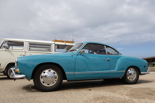 blue VW 1960 Karmann Ghia Coupe
 classic car at Scheveningen beach air-cooled car show