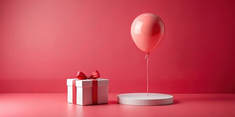 A festive presentation featuring a gift box and a balloon on a minimalist display