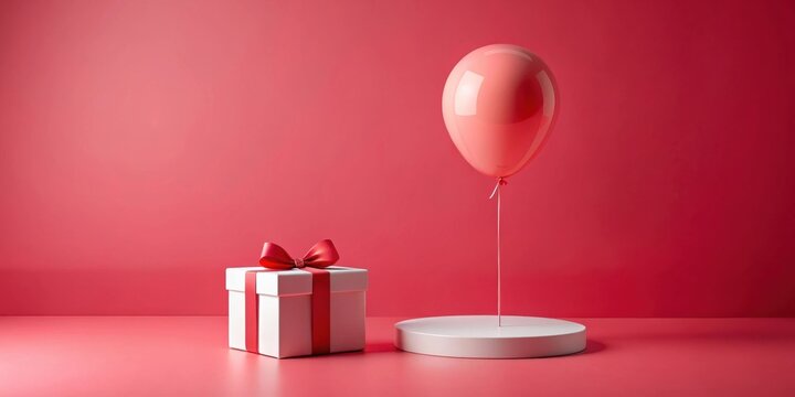 A festive presentation featuring a gift box and a balloon on a minimalist display
