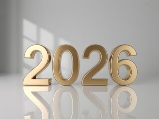 Golden 3d numbers 2026 on reflective surface in modern room