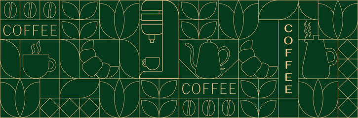 Geometric coffee pattern in minimalist style. Geometric line drawing. Abstract print background with simple shapes for coffee shop, food packaging, cafe wall, menu.