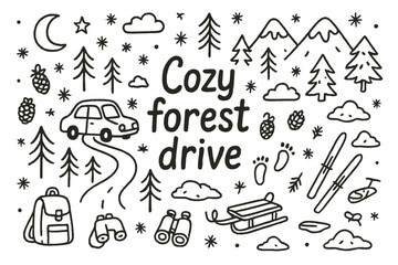 Cozy Forest Drive. Cozy forest drive. Hand-drawn doodle illustration of Cozy forest drive. Car, road, trees,