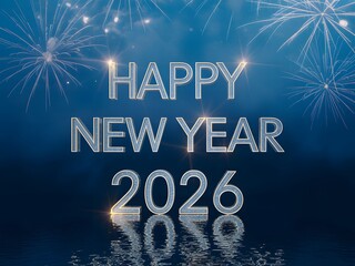 Happy new year 2026 celebration with fireworks and shiny text on blue background
