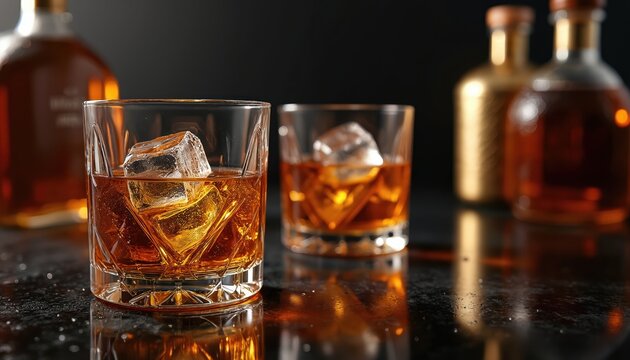 Two glasses of whisky with ice. Amber alcoholic drink in crystal tumblers on reflective dark surface. Bottles of liquor in background. Refreshing beverage.
