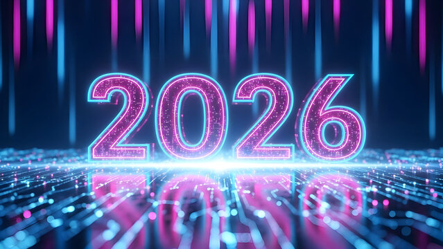 Digital representation of the year 2026 in glowing neon pink and blue futuristic style, concept for new year or future technology - Powered by Adobe