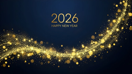Happy new year 2026 greeting card design with golden glitter swirl on dark blue background