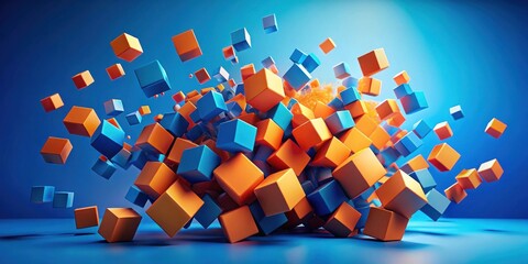 Dynamic Cube Cluster An Abstract Composition of Vivid Orange and Blue Blocks Exploding in a 3D Space