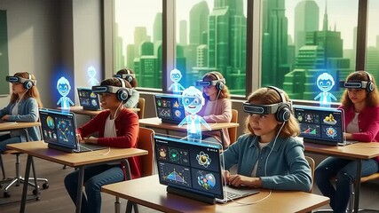 Futuristic Classroom Students Learning with VR Headsets and AI Holograms. - Powered by Adobe
