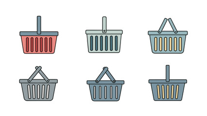 Row of shopping basket icons shows different designs and colors including red, blue, and yellow, representing retail, grocery stores, and e-commerce.