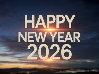 Happy new year 2026 text on sunset background with sunny horizon