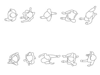 Set of 10 human figures shown from top view, drawn as clean line art silhouettes. Different standing and walking poses designed specifically as a visual addition for CAD floor plans, architectural. © Marta