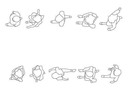 Set of 10 human figures shown from top view, drawn as clean line art silhouettes. Different standing and walking poses designed specifically as a visual addition for CAD floor plans, architectural.