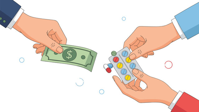 Illustration depicting an illegal drug deal or pharmaceutical transaction shows one hand exchanging money for a blister pack of colorful pills.