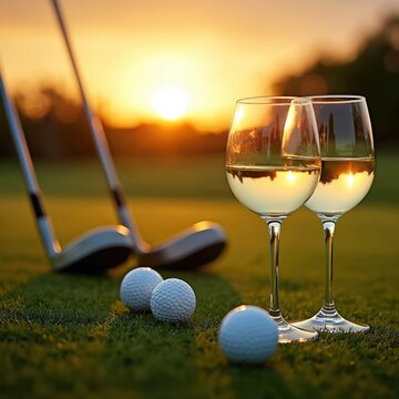 Two wine glasses with white wine sit on green grass next to golf balls, clubs at sunset. Soft golden light illuminates scene creating peaceful evening atmosphere. Golfers relax after play, enjoying