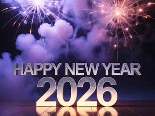 Happy new year 2026 celebration with fireworks and purple smoke effects