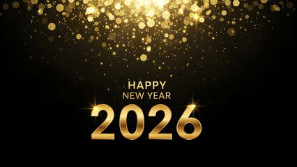 Happy new year 2026 golden text with sparkling lights on black background celebration greeting card design