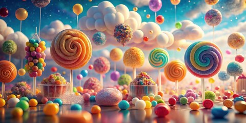 A whimsical landscape of vibrant candy swirls, gumdrops, and sugary delights floating amidst fluffy clouds in a dreamy, sweet world