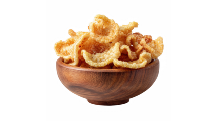 Crispy pork rinds piled high in a rustic wooden bowl
