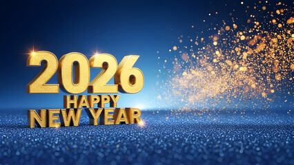 Golden 3d text 2026 happy new year celebration on sparkling blue background with flying golden particles