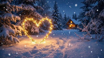 Magical valentine's day winter scene featuring heart lights snowy landscape nighttime romantic atmosphere