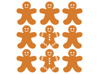 Nine gingerbread men cookies are arranged in a grid on a white background.