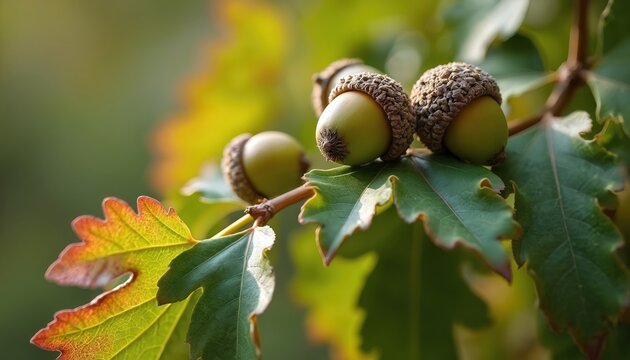 Green acorns grow on oak tree branch in autumn forest. Leaves change color from green to orange and red. Sunlight shines through foliage creating bokeh effect. - Powered by Adobe