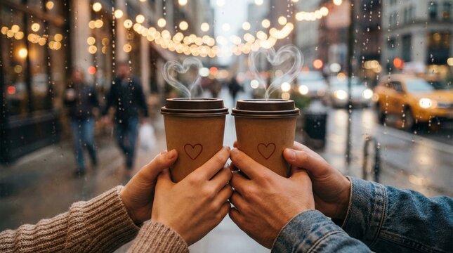 Valentine's day coffee toast urban street romantic moment cozy environment close-up view love concept