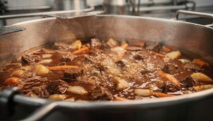 Closeup of steaming beef stew simmering in an industrial batch cooking kettle during food production.