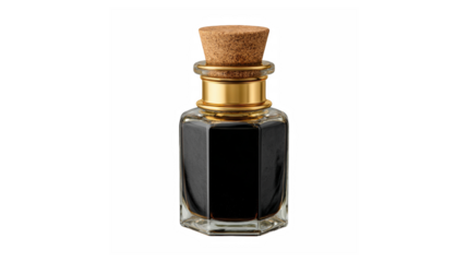 Small hexagonal glass bottle filled with dark liquid and cork stopper