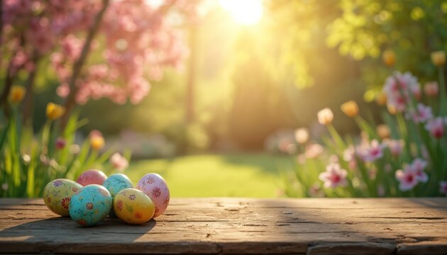 Decorated easter eggs rest on old wooden table. Blurred spring garden with blooming flowers and sun rays create vibrant outdoor scene. Perfect for holiday promotions - Powered by Adobe