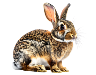 A detailed studio portrait of a wild rabbit on a white background.