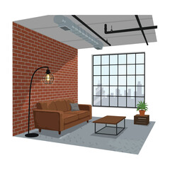 Modern industrial loft living room with brick wall, large window, and comfortable sofa. © DCreativ