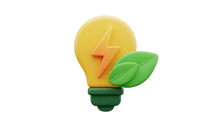 Eco-friendly lightbulb with a leaf and lightning bolt icon on transparent background