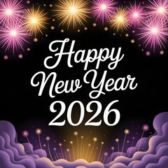 Happy new year 2026 celebration with fireworks and purple clouds on black background