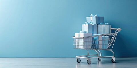 A Shopping Cart Overflowing with Light Blue Presents Against a Serene Blue Background