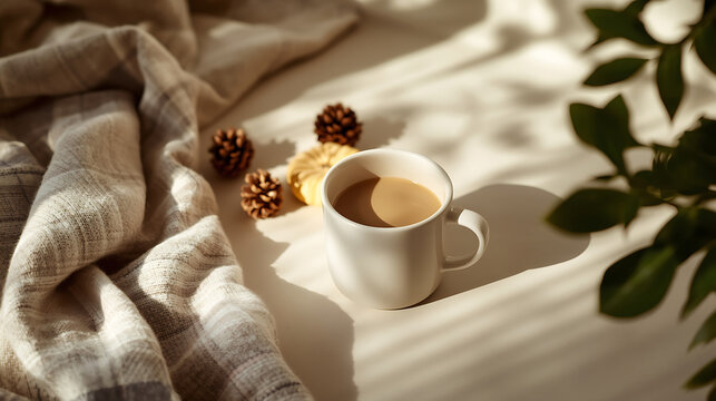 A cozy minimalist still life featuring a white ceramic mug of creamy coffee on a light beige surface, accompanied by decorative pumpkins and pinecones for an autumn vibe. A soft plaid wool blanket dra