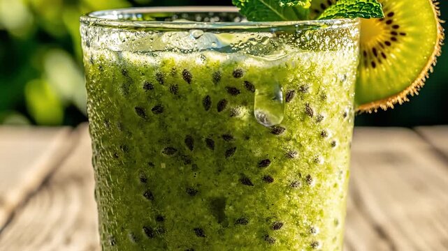 Refreshing green smoothie in glass on wooden surface with kiwi slice and mint