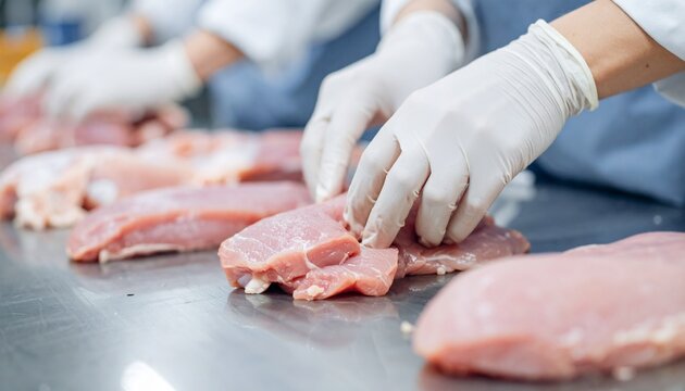 Precision and Care: Hands in sterile gloves meticulously handle and prepare raw meat cuts, demonstrating expertise and hygiene in a food processing environment. - Powered by Adobe