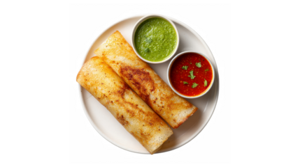 Golden brown dosa served with spicy sambar and mint chutney