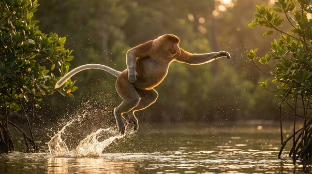 Singe nasique sautant au-dessus de l'eau dans la mangrove