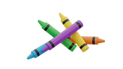 Four colorful crayons arranged in a crossing pattern on transparent background