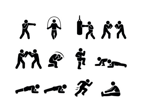 Boxing Workout Icons. Boxing workout actions. Solid icon set of boxing workout actions: shadowboxing figure, jump rope figure, bag punch figure, sparring