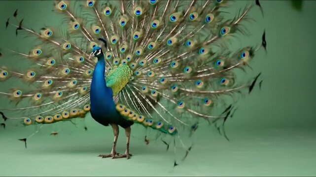 Peacock Tail Opening Loop on Green Screen, Elegant Male Bird Display Animation with Iridescent Feathers